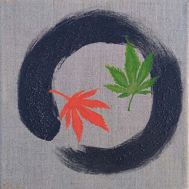 Japanese Black Enso Painting with Orange Red Green Maple Leaves Momiji