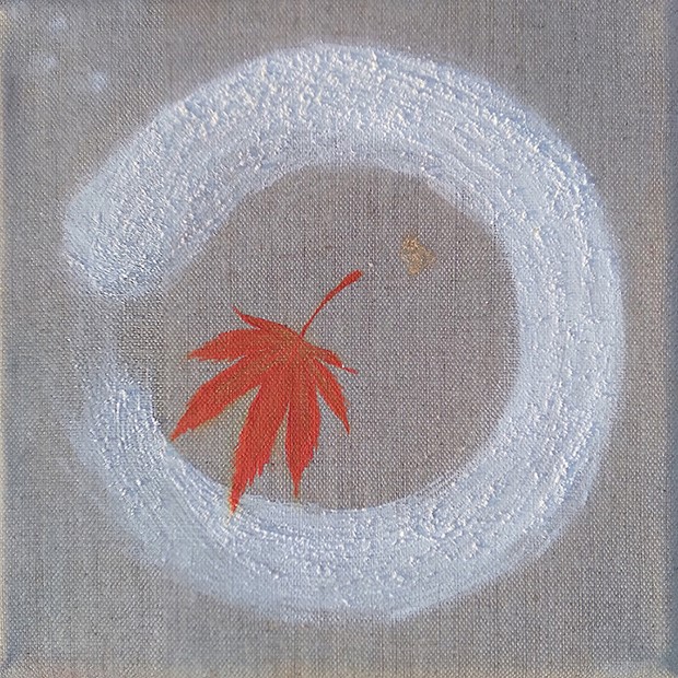 Japanese White Enso Painting with Orange Red Maple Leaf Momiji