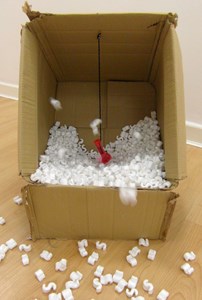 Cardboard box, styrofoam and battery fan, by Louise Winter