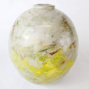 Yellow painted jar, small, by Alexandra Barto